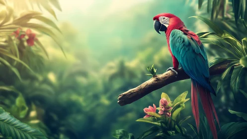 Scarlet macaw on mossy branch in diffuse tropical jungle light