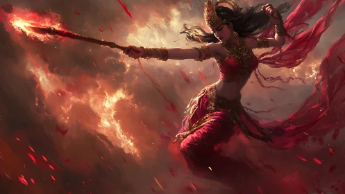 Warrior goddess in crimson silk wielding flaming spear.