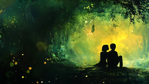 Two silhouettes embrace beneath luminous green cave.