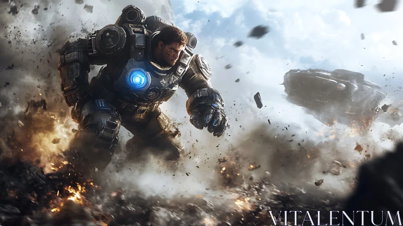 Armored sci fi soldier charges through explosive battlefield.