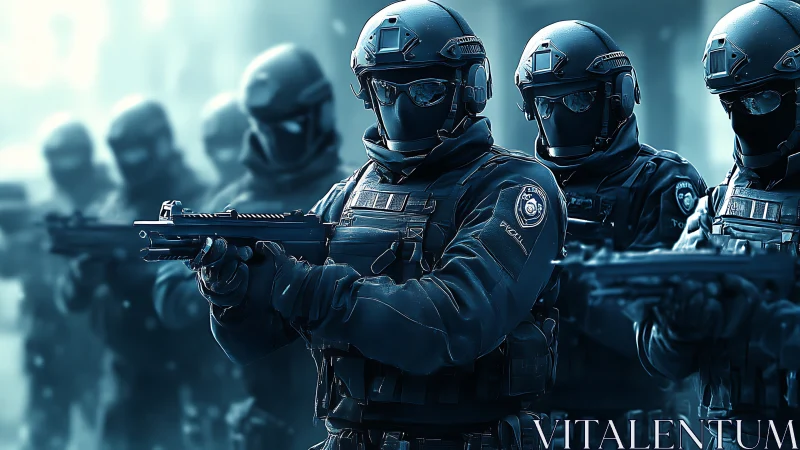 Tactical police unit advancing in cold blue-toned haze.