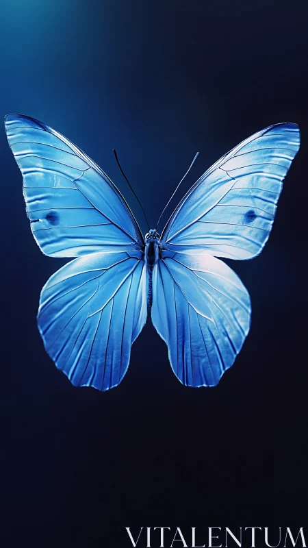 Iridescent blue butterfly on deep gradient bokeh ground.