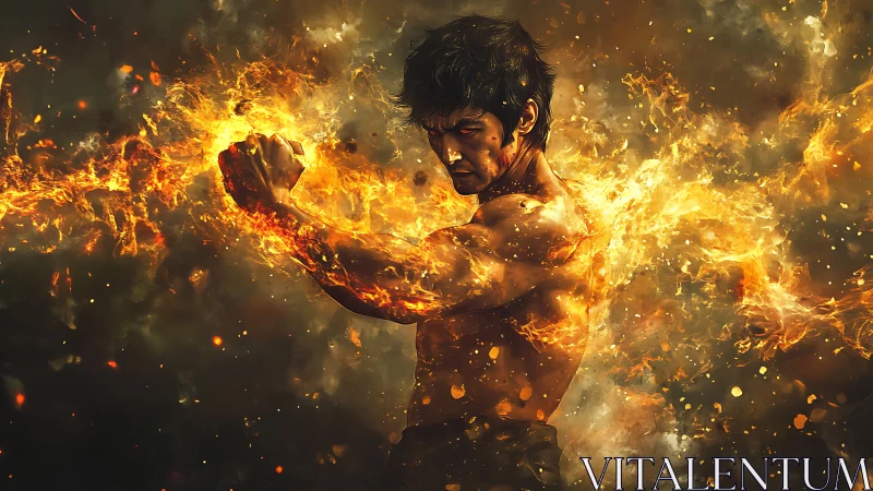 Martial artist wreathed in dynamic flame energy burst.