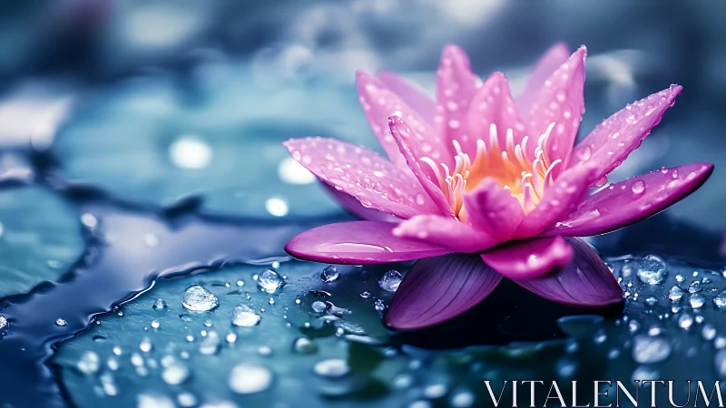 Pink Water Lily With Dew Drops in Nature.