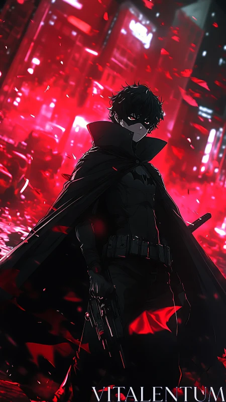 Night-cloaked vigilante stalks neon streets in scarlet storm