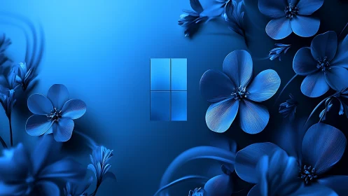 Windows logo centered in luminous blue floral digital art.