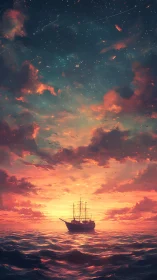Silhouetted ship on ocean under dense sunset sky field.