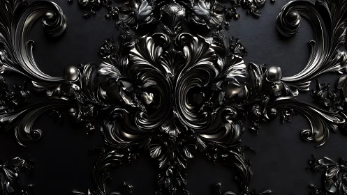 Baroque black chrome ornament in symmetric 3D relief design.