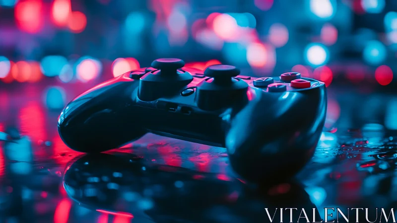 Gaming controller on wet surface under neon bokeh lights.