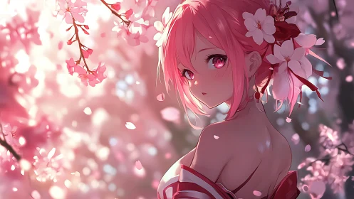 Blossom-lit gaze lingers beneath a storm of pink petals