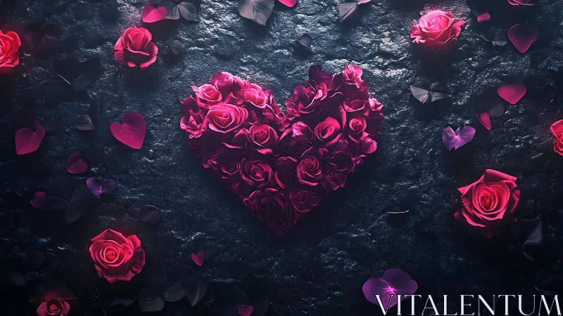 Heart-Shaped Rose Arrangement on Dark Textured Surface.