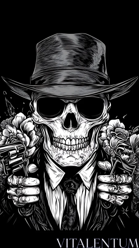 Noir skull mobster illustration with guns and flowers.
