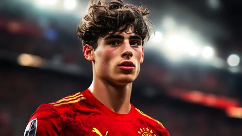 Stadium lights crown a focused young footballer in red.