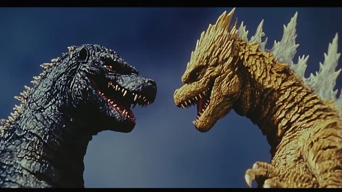 Two opposing reptilian kaiju models confront each other closely