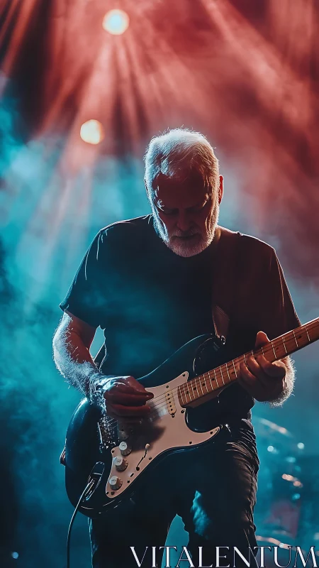 Older guitarist plays electric guitar under colored stage lights