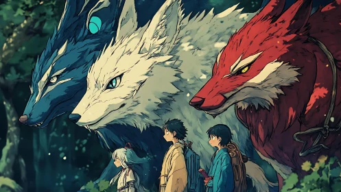 Fantasy wolf guardians accompany three travelers through forest