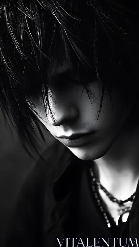 Monochrome close-up of androgynous figure with downcast gaze.