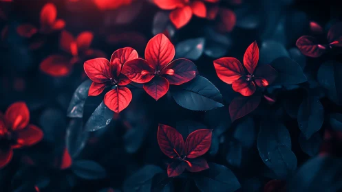 Crimson petals glow against deep teal foliage at dusk.