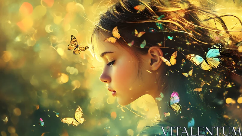 Girl in side profile surrounded by glowing butterflies.