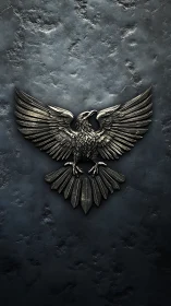 3D metallic heraldic eagle emblem on dark textured stone wall.