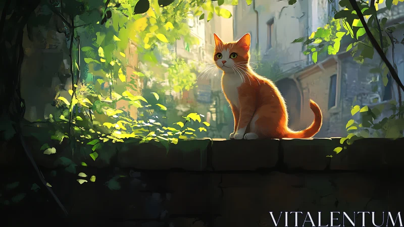 Orange Cat Seated on Dark Structure in Daylit Urban Garden Setting