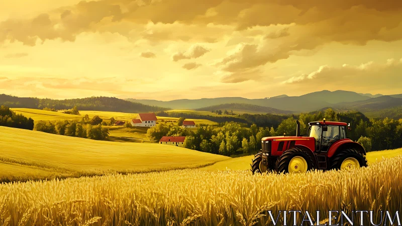 Red tractor moves through golden wheat fields at sunset