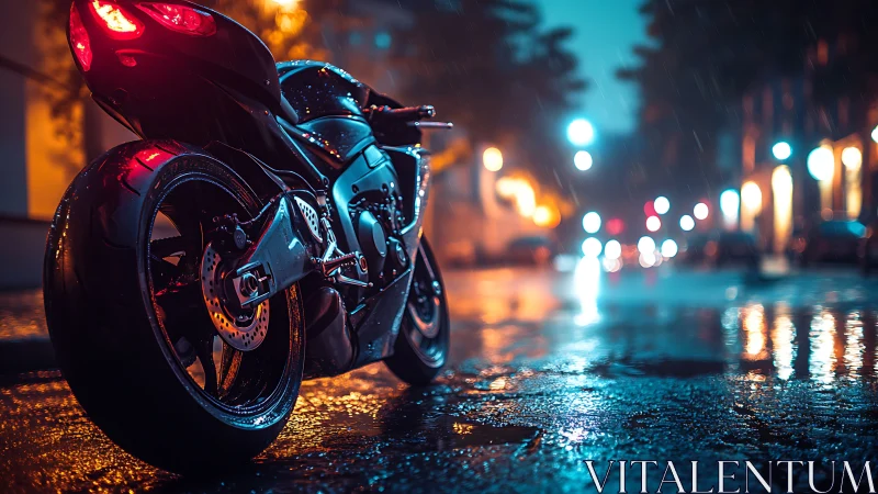Sport motorcycle on wet city street at night in rain.
