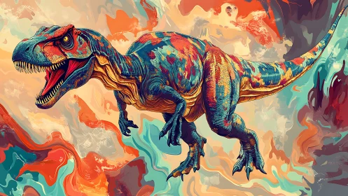 Color-splashed dinosaur strides through a wildly painted world.