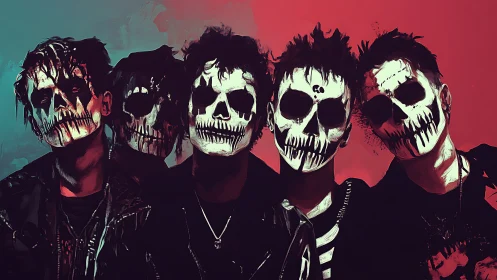 Five figures with skull face paint stand before split-color backdrop