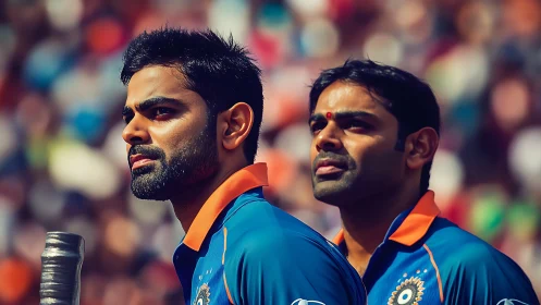 Two cricket players in blue uniforms during match pause.