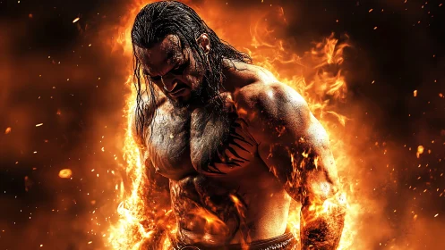 Muscular male figure stands engulfed in vivid orange flames
