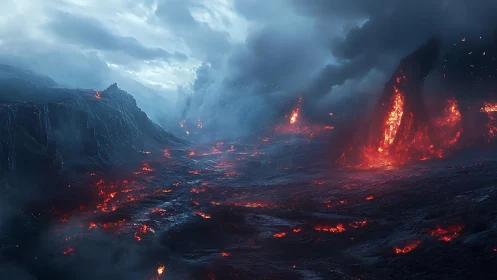 Volcanic lava field under dark storm clouds at dusk.