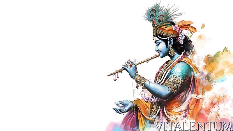 Divine blue figure plays flute in vibrant digital ink clouds.