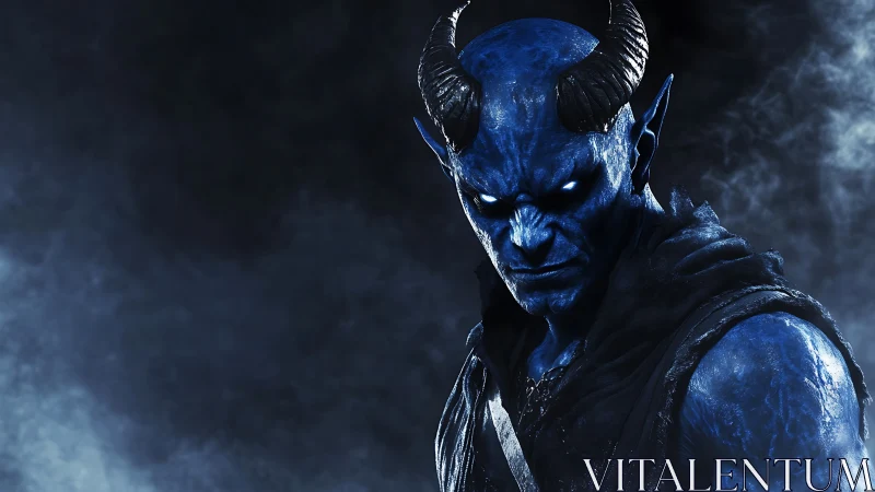 Brooding blue horned demon smolders in stormlit shadow.