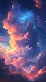 Celestial storm clouds illuminated by neon twilight glow.