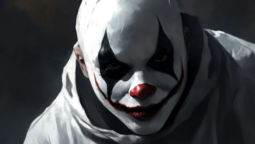 Gritty clown portrait with shadowed stare and smudged smile.