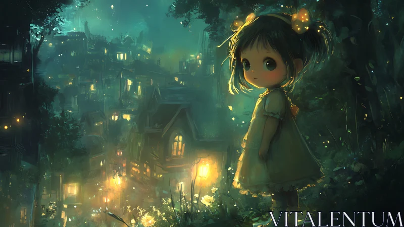Bioluminescent child overlooking misty lanternlit hillside town