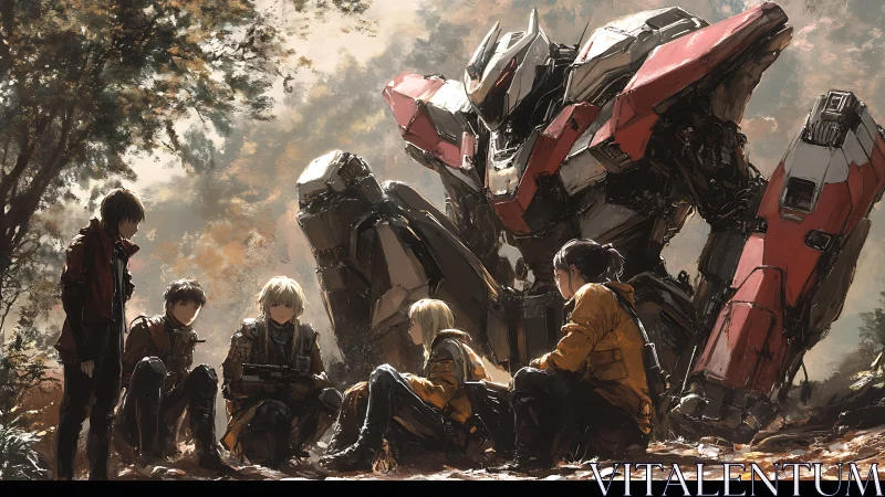 Group of youths resting near large combat mecha in forest.