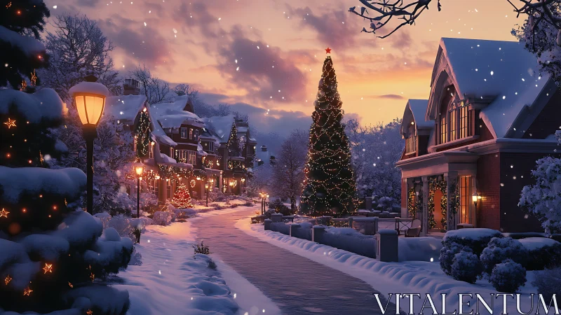 Snow-covered suburban street showcases illuminated Christmas tree