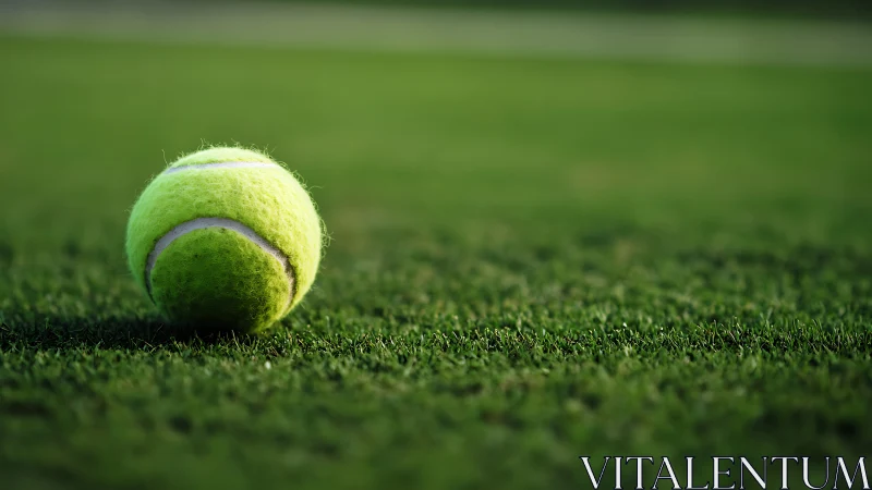 Lone tennis ball resting in sunlit silence on lush grass court.