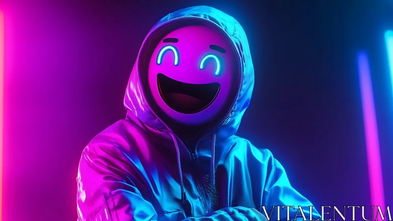Neon smiley avatar glows in vibrant cyberpunk hoodie portrait.