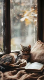 Tabby Cat by Rainy Window with Book.