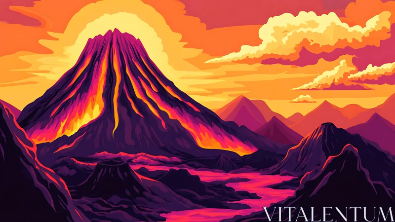 High-contrast vector volcano erupts with stylized lava gradients