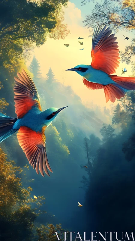 Vibrant tropical birds soar through a misty golden forest sky