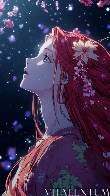Starlit blossom dreamer gazes upward through falling petals.