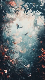 Luminous misty forest corridor with doves and warm teal foliage.