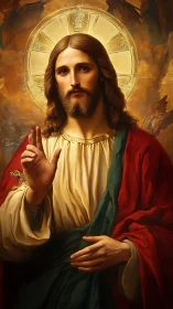 Portrait of haloed robed figure with raised blessing hand