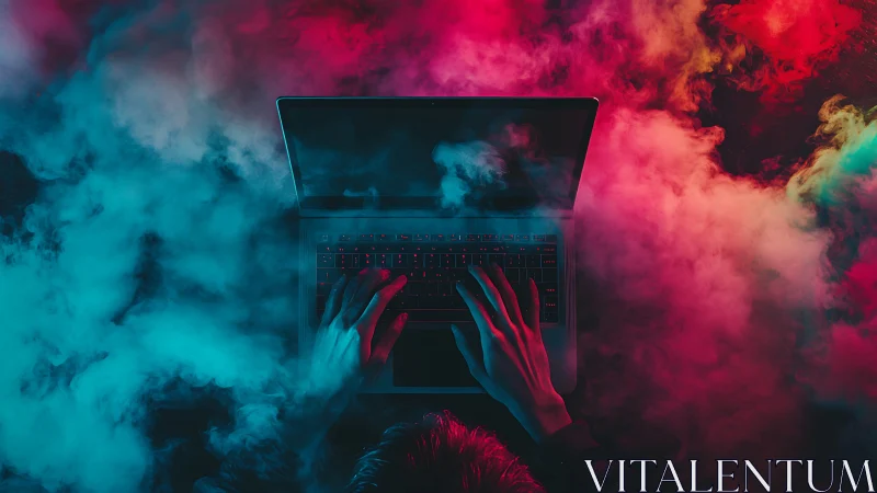 Hacker’s hands glow over laptop in neon cyber smoke haze