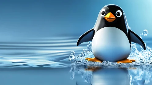 Cute Cartoon Penguin Standing in Water, Vibrant Digital Art.