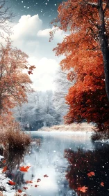 Mixed-season river landscape records snow and autumn foliage